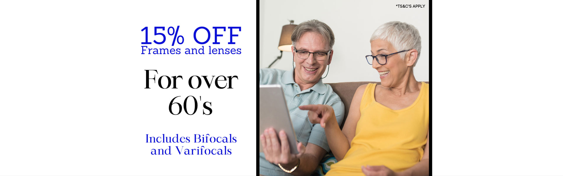 15% off on frames and lenses banner over 60